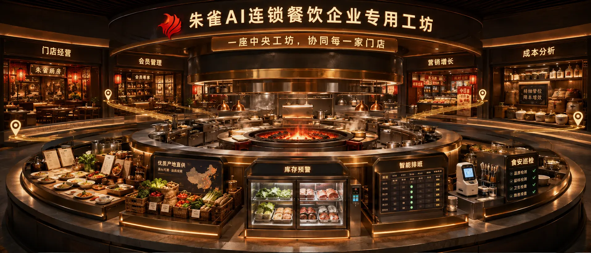 连锁餐饮企业专用工坊补充方案界面效果图1：朱雀AI中央厨房协同门店