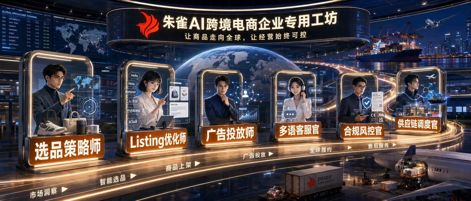 跨境电商AI工坊效果图,展示选品、Listing、广告、多语客服、合规和供应链六类AI岗位。