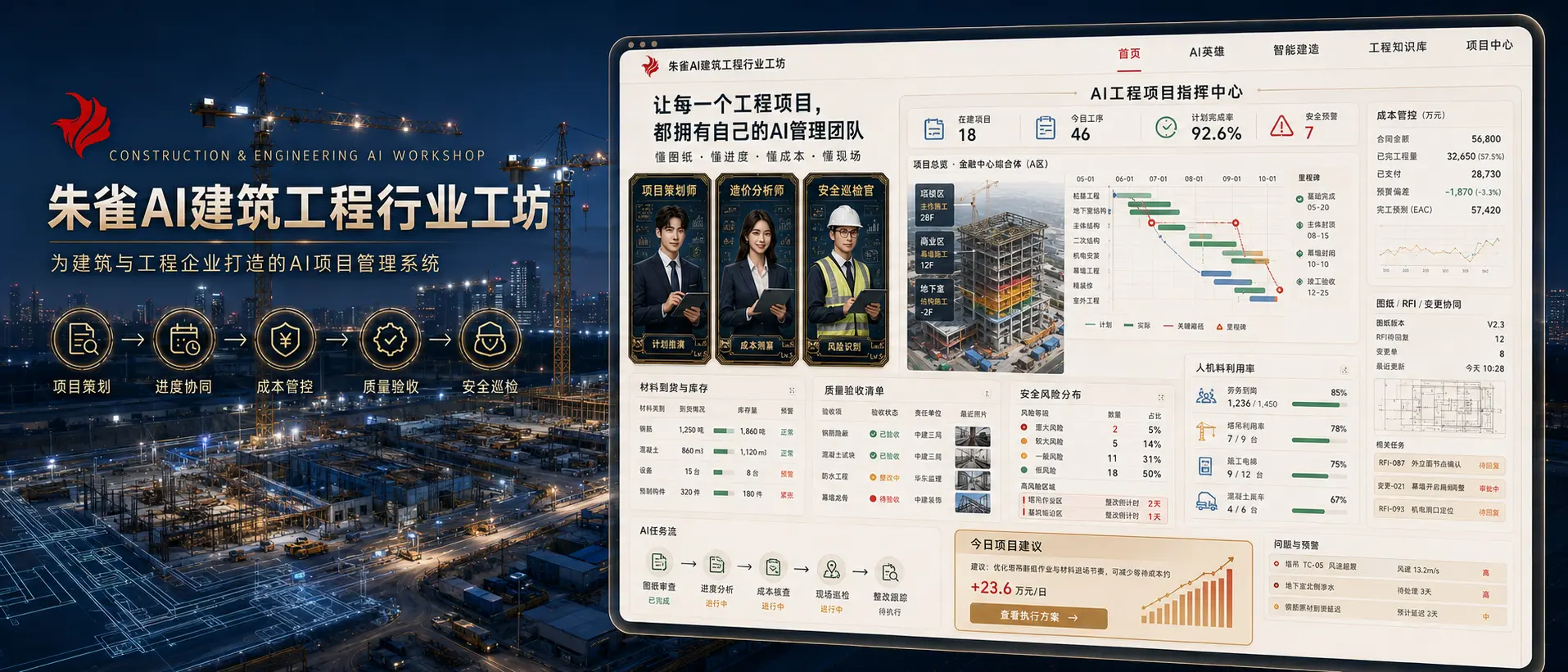 建筑工程行业AI工坊效果图,展示工程进度、成本、质量、安全和资料交付协同。