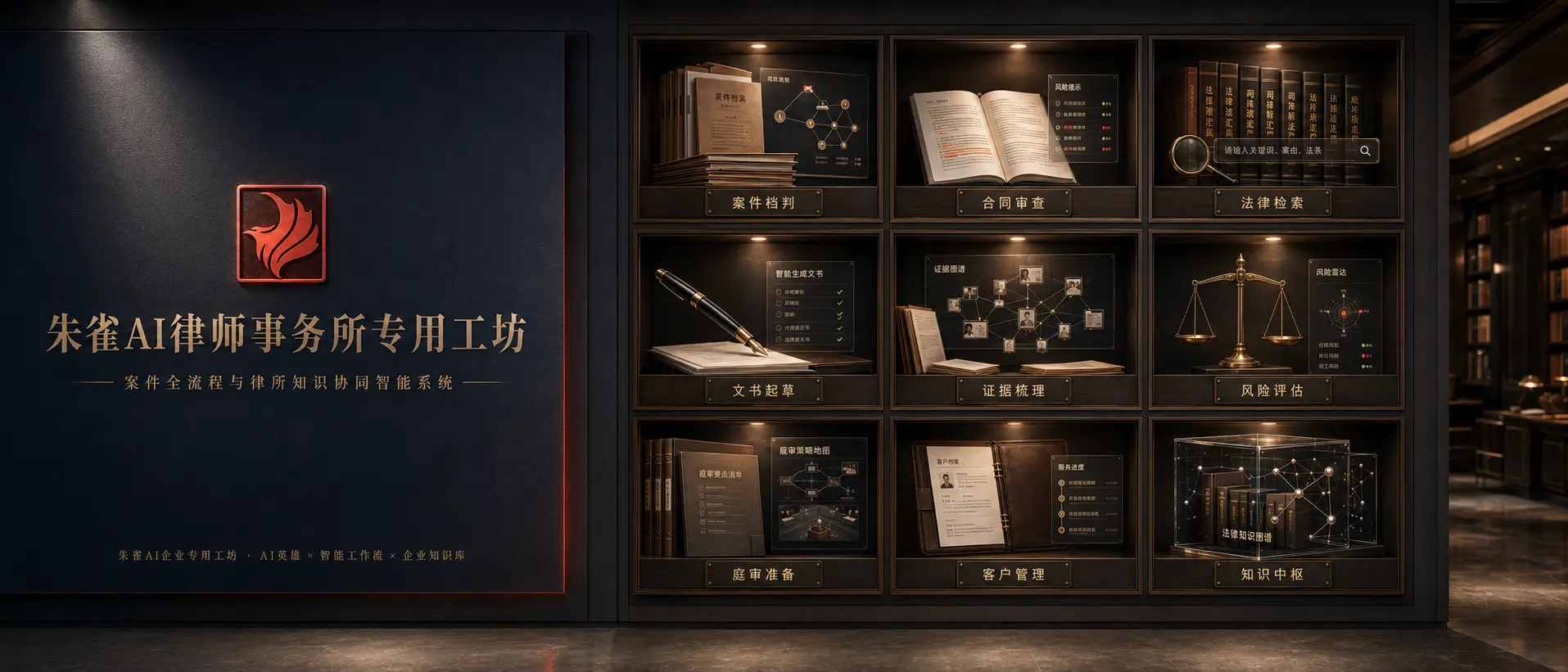律师事务所专用工坊效果图,展示案件管理、法律检索、文书、证据和风险协同。