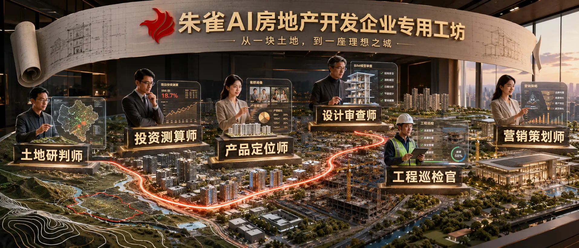 房地产开发企业专用工坊效果图,展示土地、投资、产品、设计、工程和营销协同。