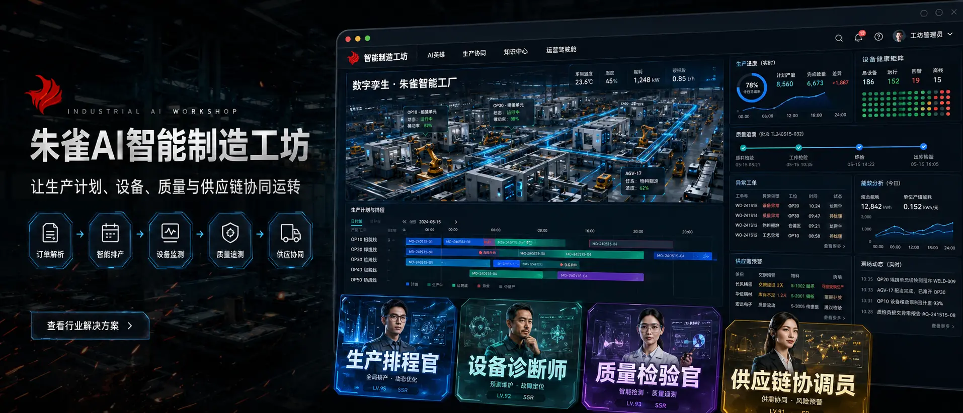 智能制造工坊效果图，展示生产排程、设备诊断、质量检验和供应链协调岗位。