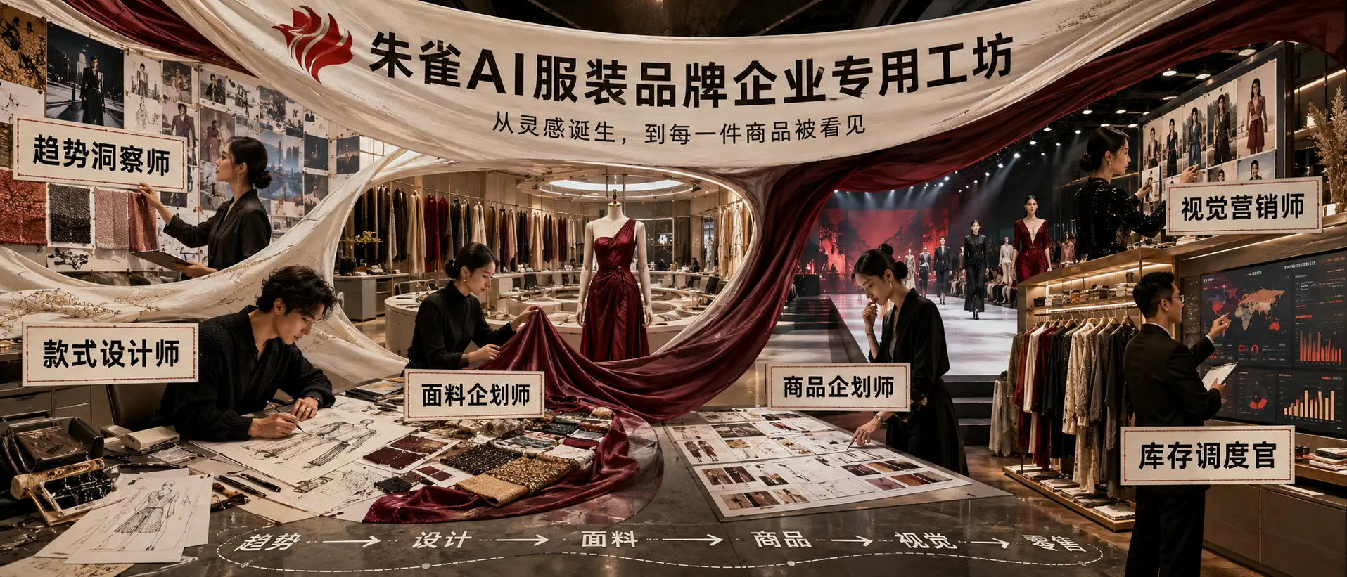 服装品牌企业专用工坊效果图,展示趋势、设计、面料、视觉、商品和库存协同。