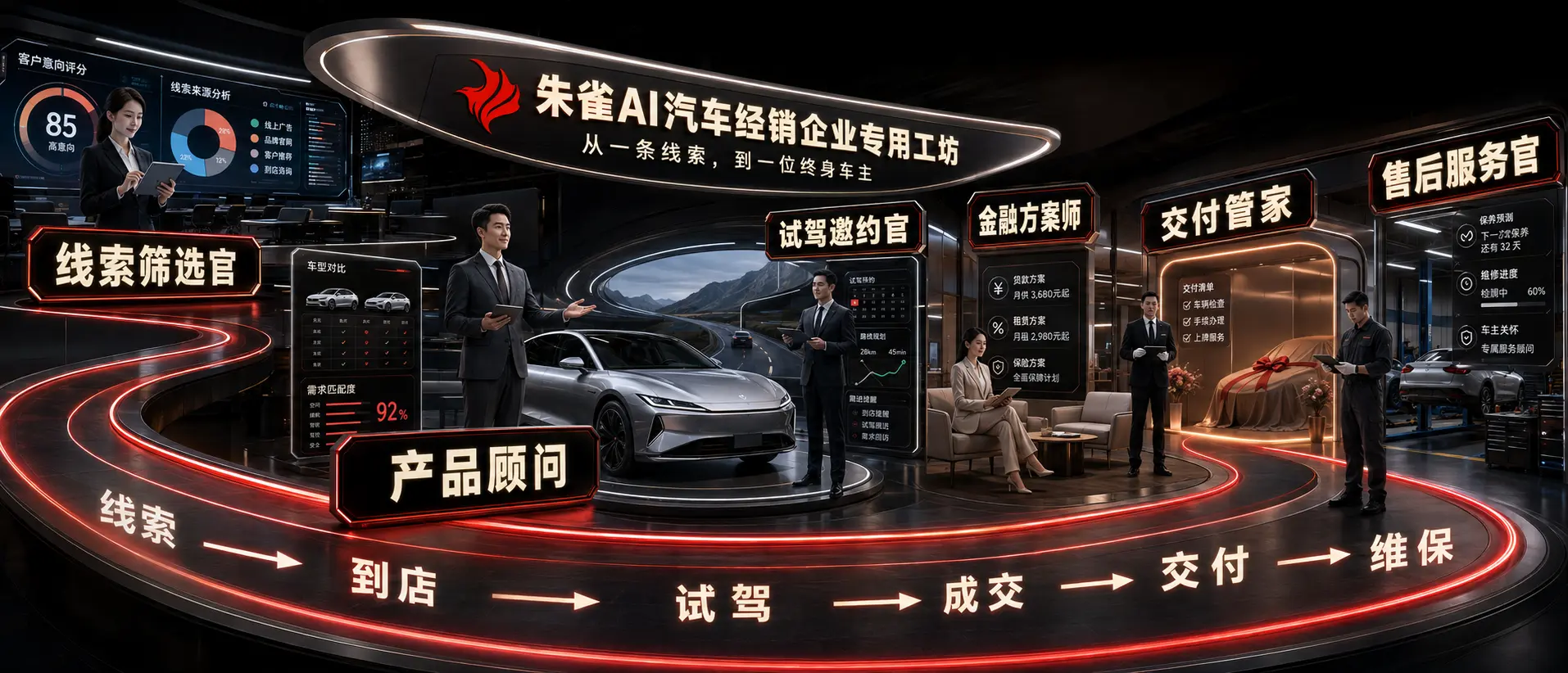 汽车经销企业专用工坊效果图,展示线索、试驾、金融、交付和售后客户经营流程。