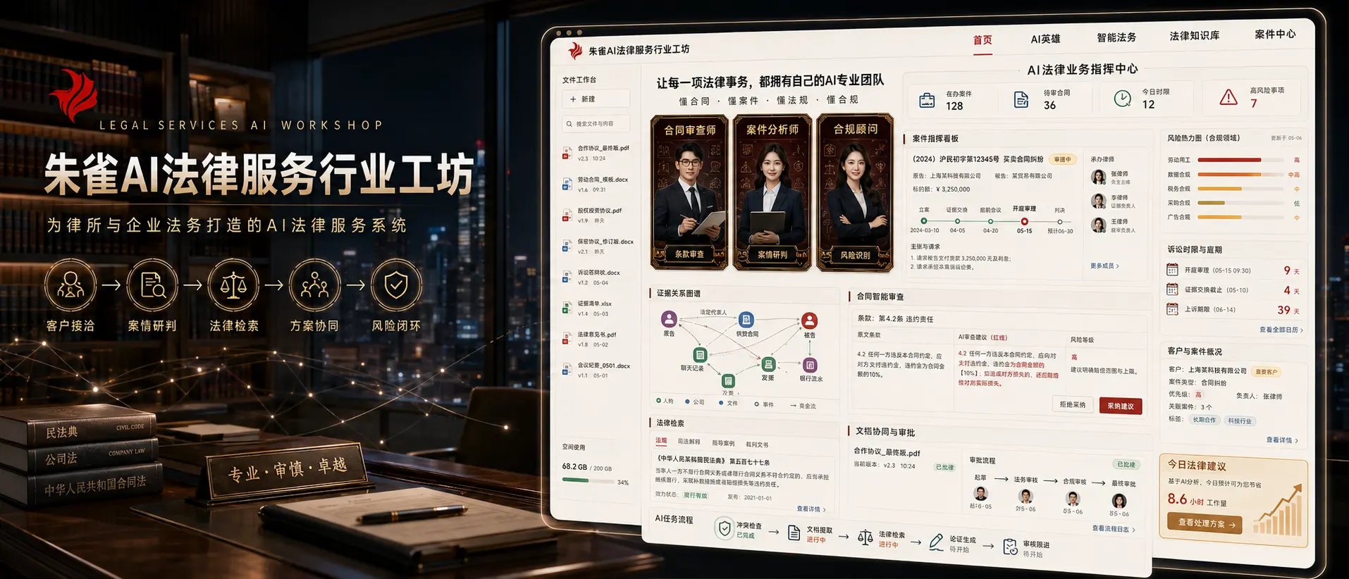 法律服务AI工坊效果图,展示合同审查师、案件分析师、合规顾问及客户接洽到风险闭环的工作流程。