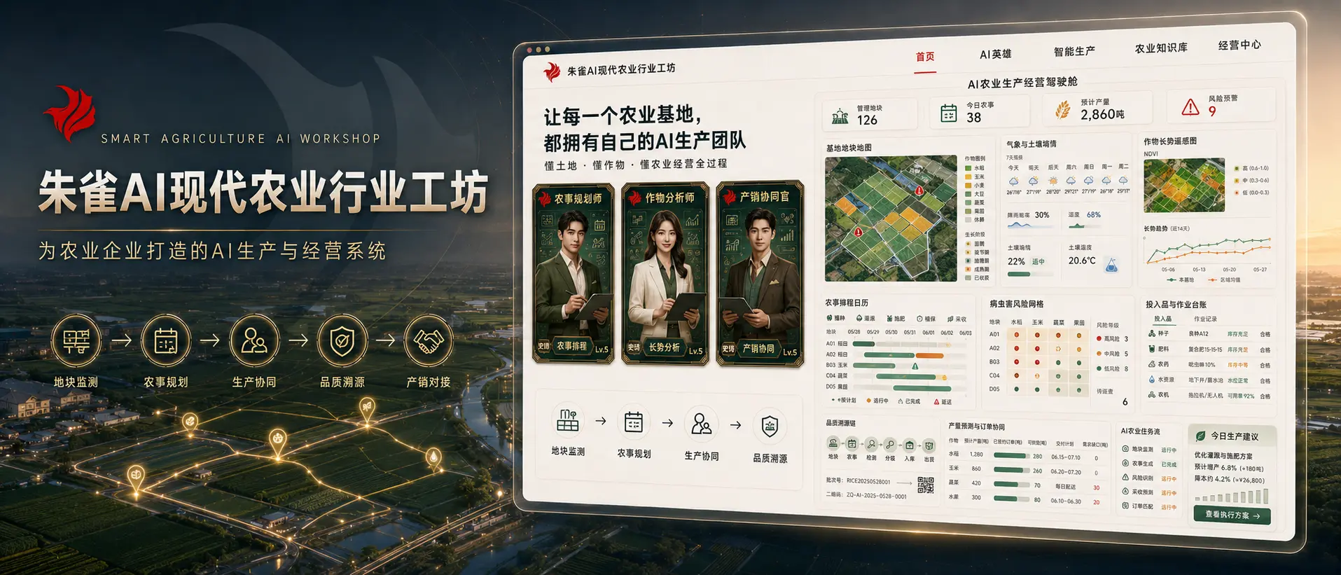 现代农业行业AI工坊效果图,展示农业基地的生产计划、地块监测、质量溯源和产销协同。