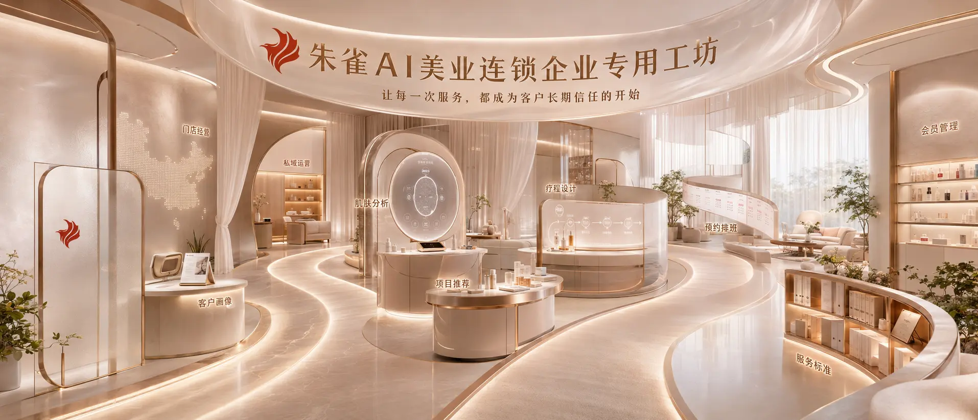 美业连锁企业专用工坊补充方案界面效果图1：朱雀AI美业旗舰体验之旅