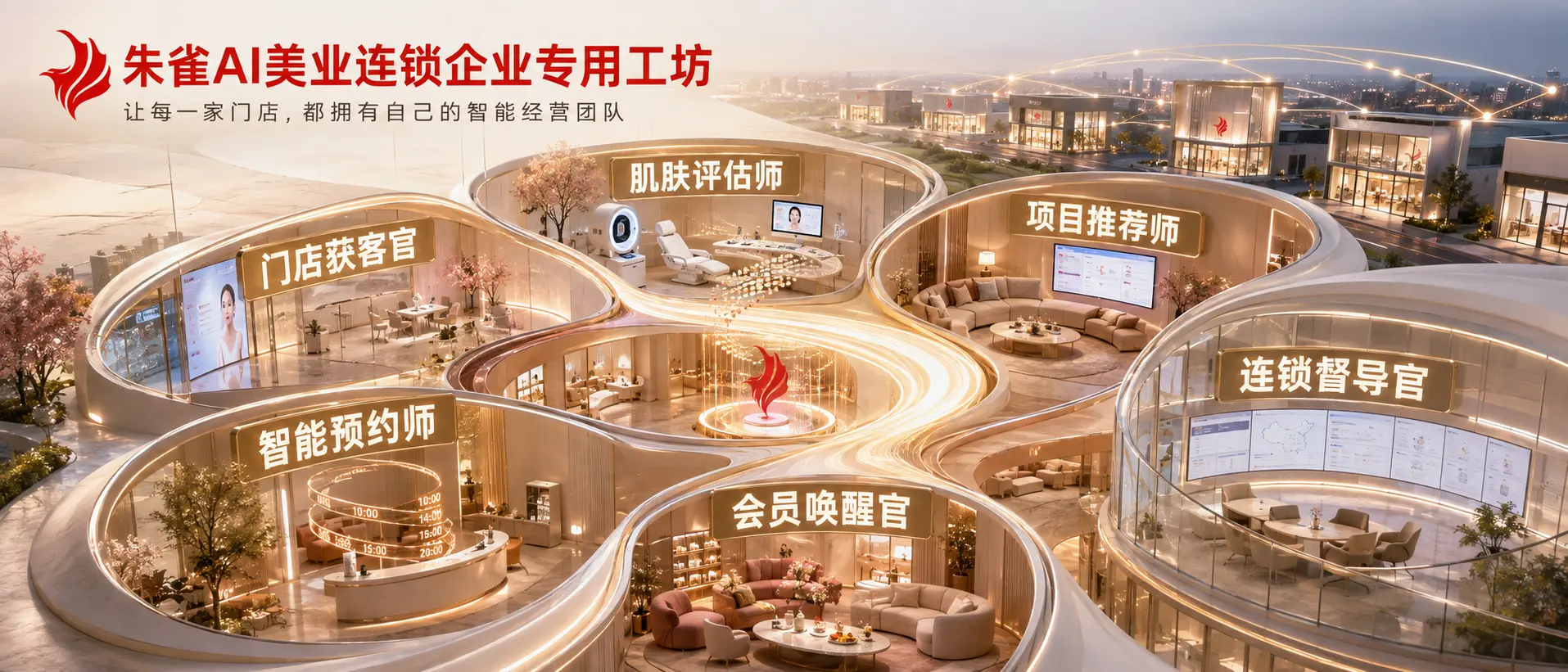 美业连锁企业专用工坊效果图,展示门店获客、肌肤评估、项目推荐、智能预约、会员唤醒和连锁督导六类AI岗位。