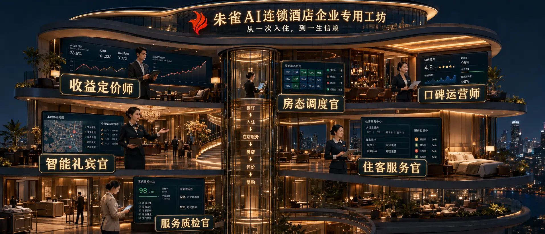 连锁酒店企业专用工坊效果图,展示收益、房态、礼宾、住客服务、质检和口碑运营。