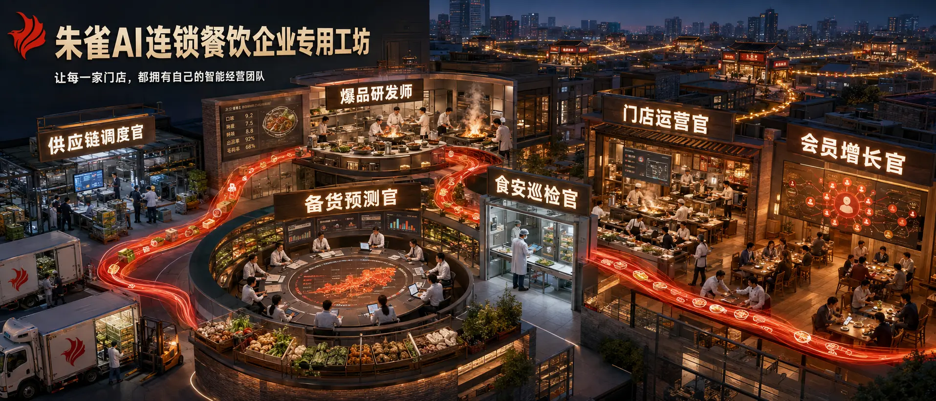 连锁餐饮企业专用工坊效果图,展示供应链调度、菜品研发、备货预测、食安巡检、门店运营和会员增长六类AI岗位。